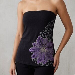 Black Strapless top with Purple Floral design, size Large